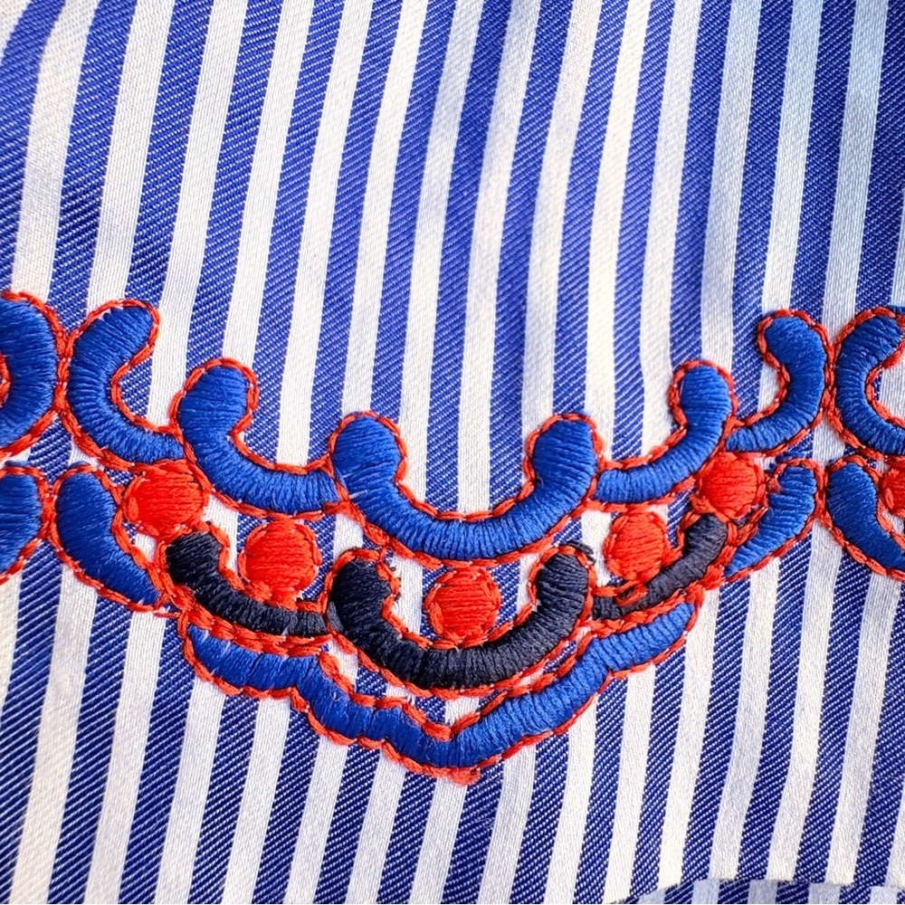 Nine West Blue White Striped & Floral Embroidered Skirt Size 6 Tie Waist A-Line - Picture 6 of 13